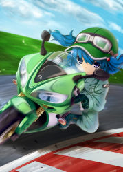 1girl blue_eyes blue_hair boots female_focus gloves hair_bobbles hair_ornament hat highres kawashiro_nitori matching_hair/eyes motor_vehicle motorcycle racing racing_suit ryuu_(multitask) short_hair solo touhou twintails two_side_up vehicle