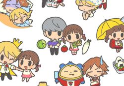 Rule 34 | bag, cabbage, crown, doujima nanako, eggplant, food, grocery bag, hanamura yousuke, hat, holding, holding corn, holding food, holding popsicle, holding vegetable, kuma (persona 4), narukami yu, nightcap, nt 26, official alternate costume, onigiri, persona, persona 4, popsicle, pudding, shopping bag, sleeping, sleeping on person, tomato, vegetable