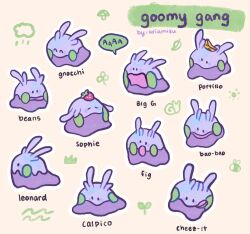 :o ^_^ ariamisu artist_name banana black_eyes closed_eyes commentary food food_on_head fruit fruit_on_head gen_6_pokemon goomy highres nintendo no_humans object_on_head open_mouth outline pokemon pokemon_(creature) pokemon_focus speech_bubble strawberry