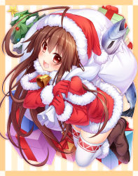 10s 1girl absurdres ahoge ass blush boots brown_hair capelet christmas_tree fang female_focus fish fur_trim gift gloves hat highres holding kantai_collection kuma_(christmas)_(kancolle) kuma_(kancolle) long_hair looking_at_viewer open_mouth red_eyes red_gloves sack santa_costume santa_hat saury smile solo thighhighs thighs wakagi_repa white_thighhighs