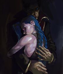 1boy 1girl absurdres arcane:_league_of_legends arcane_jinx blue_eyes blue_hair braid commentary facial_scar father_and_daughter glowing glowing_eyes hashtag-only_commentary highres hug jay0ni jinx_(league_of_legends) league_of_legends long_hair low_twin_braids pink_eyes scar scar_on_cheek scar_on_face signature silco_(arcane) step-parent_and_step-child twin_braids