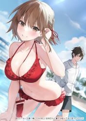1boy 1girl adjusting_hair beach between_breasts bikini black_hair black_male_swimwear blue_sky blurry blurry_background breasts brown_eyes brown_hair cellphone character_request collarbone commentary_request copyright_notice copyright_request day dutch_angle frilled_bikini frills grin hair_ribbon jacket kagachi_saku lanyard large_breasts leaning_forward light_blush long_hair male_swimwear navel phone red_bikini red_ribbon ribbon short_hair sky smartphone smile solo_focus strap_between_breasts swimsuit white_jacket