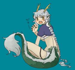 1girl animal_ears antlers blue_background blue_nails blush braid braided_ponytail breasts claw_pose cropped_jacket dragon_ears dragon_girl dragon_tail fangs full_body fur-tipped_tail gao green_scales grey_hair hand_up horns jacket japanese_clothes kantai_collection large_breasts long_hair looking_at_viewer looking_back open_mouth purple_jacket sachilko_(motiko) scales short_sleeves simple_background sitting slit_pupils solo tail translation_request unryuu_(kancolle) very_long_hair yellow_eyes