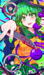 absurdres black_hat blood bloody_knife blouse bow buttons colorful diamond_button evil_smile eyeball floral_print frilled_shirt_collar frilled_sleeves frills green_hair green_skirt hat hat_bow hat_ribbon heart heart_of_string highres hirwannew holding holding_knife knife komeiji_koishi ribbon rose_print shirt skirt smile subterranean_animism third_eye touhou yellow_bow yellow_ribbon yellow_shirt