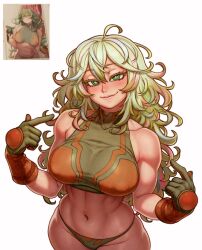 1girl bikini blush boku_no_hero_academia breasts collarbone gloves green_eyes green_hair hagakure_toru highres large_breasts long_hair looking_at_viewer messy_hair navel official_alternate_costume panties redteneri ringed_eyes simple_background smile solo swimsuit thighs toned toned_female underwear unusually_visible very_long_hair white_background