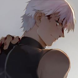 1boy archer_(fate) bare_shoulders blood blood_on_face brown_eyes dark_skin dark-skinned_male fate/stay_night fate_(series) from_behind guttia hair_down hand_on_own_shoulder male_focus solo white_hair
