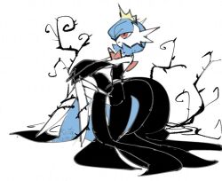 3woomy3 alternate_color black_dress black_gloves blue_hair bob_cut colored_skin crossed_legs dress elbow_gloves gardevoir gen_3_pokemon gloves hair_over_one_eye mega_gardevoir mega_pokemon nintendo pokemon pokemon_(creature) shiny_pokemon signature simple_background sitting strapless strapless_dress tiara white_background white_skin