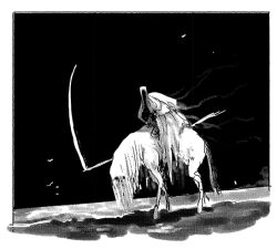 Rule 34 | 1other, cloak, death (entity), grey scales, holding, holding scythe, hood, horse, looking at viewer, night, orbitaldropkick, original, scythe, solo, weapon, white horse