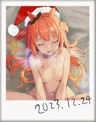 1girl absurdres animal_ears border bow breasts brown_ribbon dated ear_bow ear_ribbon fake_photograph hat highres horse_ears horse_girl long_hair lying m2_kzsm mayano_top_gun_(umamusume) missionary navel nipples nude on_back on_bed orange_hair polaroid_photo ribbon santa_hat sex small_breasts solo_focus spread_legs two_side_up umamusume white_border