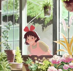 1girl animated animated_gif apron artist_name blush bow brown_eyes brown_hair flower green_shirt greenhouse hair_bow highres kiki_(majo_no_takkyuubin) leaning_forward looking_at_viewer majo_no_takkyuubin medium_hair onzze pink_apron pink_flower pink_rose plant potted_plant red_bow rose shirt smile studio_ghibli teeth window