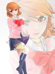 1girl arms_behind_back black_shoes black_skirt black_socks blush bow bowtie brown_eyes brown_hair cardigan choker collared_shirt commentary_request earrings evoker flipped_hair foot_out_of_frame gekkoukan_high_school_uniform hair_between_eyes heart heart_choker highres holster jewelry kneehighs lips long_sleeves looking_at_viewer loose_bowtie medium_hair miniskirt parted_lips pearl_earrings persona persona_3 pink_cardigan pleated_skirt red_bow red_bowtie ribbed_cardigan school_uniform shirt shoes skirt socks solo standing standing_on_one_leg stud_earrings tahara_anko takeba_yukari thigh_holster white_shirt
