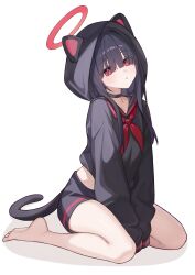 1girl animal_ears black_choker black_hair black_shorts blue_archive cat_ears cat_tail choker commentary halo highres hood justice_task_force_member_(blue_archive) long_hair looking_at_viewer neckerchief pipipipyu red_eyes red_halo red_neckerchief school_uniform serafuku shorts simple_background solo tail white_background