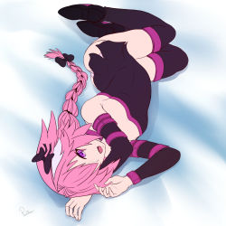 1boy arm_strap armpits arms_up astolfo_(fate) belt belt_collar black_belt black_dress black_thighhighs braid braided_ponytail breasts chain cleavage collar cosplay crossdressing detached_sleeves dress eyes_visible_through_hair facial_mark fate_(series) forehead_mark highres long_hair long_sleeves medusa_(fate) medusa_(rider)_(fate) medusa_(rider)_(fate)_(cosplay) off-shoulder_dress off_shoulder picantium pink_hair purple_eyes purple_hair solo strapless strapless_dress thighhighs very_long_hair