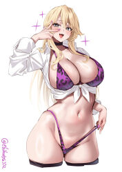 1girl alternate_costume animal_print blonde_hair blush bra breasts cleavage collarbone cropped_legs dress_shirt ebifurya fang fang_out grey_eyes hair_between_eyes highres iowa_(kancolle) kantai_collection large_breasts leopard_print long_hair looking_at_viewer nail_polish navel one-hour_drawing_challenge open_mouth panties panty_pull purple_nails shirt simple_background skindentation smile solo star-shaped_pupils star_(symbol) symbol-shaped_pupils thighhighs tied_shirt twitter_username underwear w white_background white_shirt