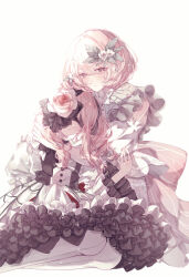 Rule 34 | 2others, absurdres, akiyama mizuki, arm at side, arm cutout, arms around neck, black dress, black ribbon, blindfold, bloom, buttons, closed mouth, collared dress, commentary request, covered eyes, crinoline, crying, dress, dual persona, feet out of frame, floral print, flower, flower ornament, frilled dress, frills, hair between eyes, hair flower, hair ornament, hair ribbon, hand up, highres, hug, hug from side, invisible floor, juliet sleeves, keikyoku no machi wa doko e (project sekai), kizu darake no te de watashi-tachi wa (project sekai), leaf hair ornament, leaning on person, long hair, long sidelocks, long sleeves, looking at another, medium dress, multiple others, official alternate costume, official alternate hair length, official alternate hairstyle, parted lips, petticoat, pink dress, pink eyes, pink flower, pink hair, project sekai, puffy short sleeves, puffy sleeves, ribbon, saku8587, short hair, short sleeves, side ponytail, sidelocks, signature, simple background, sitting, streaming tears, tears, two-tone dress, white background, white dress, white flower, wide sleeves, yokozuwari