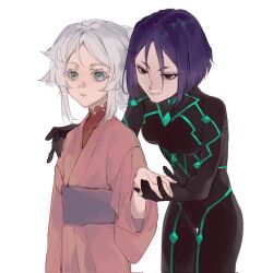 2girls black_bodysuit bodysuit breasts buyaozaoqi fate/grand_order fate/samurai_remnant fate_(series) green_eyes hand_on_another&#039;s_shoulder highres holding_hands japanese_clothes kimono kishimen_hair leaning_forward looking_at_viewer medium_breasts multiple_girls neon_trim ninja obi parted_bangs ponytail purple_hair sash short_hair simple_background smile ushi_gozen_(fate) ushi_gozen_(rider)_(fate) white_background white_hair yui_shousetsu_(fate)