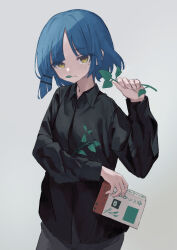 1girl absurdres black_shirt blue_hair bocchi_the_rock! book eating hair_ornament highres holding holding_book long_sleeves looking_at_viewer mole mole_under_eye shirt short_hair simple_background skirt touhu_ice white_background yamada_ryo yellow_eyes