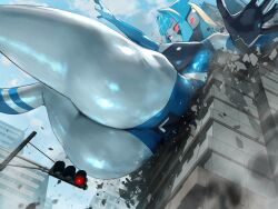 1girl altina_earth ass blue_hair blue_skin blue_sky bodysuit breasts building cloud colored_skin commentary destruction from_below frown giant giantess glowing glowing_eyes grey_skin hands_up highres large_breasts metal_skin multicolored_skin nikunopengin no_nipples original red_eyes short_hair silver_skin skin_tight sky solo sweatdrop tokusatsu traffic_light ultra_series v-shaped_eyebrows