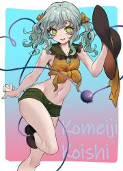 Rule 34 | 1girl, alternate costume, alternate hairstyle, bare shoulders, black boots, boots, green eyes, green hair, green shorts, hair ribbon, hat, highres, holding, holding unworn clothes, holding unworn hat, komeiji koishi, looking at viewer, navel, neon (co2co8), open mouth, ribbon, shirt, short shorts, short twintails, shorts, sleeveless, sleeveless shirt, smile, solo, thighs, third eye, touhou, twintails, unworn hat, unworn headwear, yellow shirt
