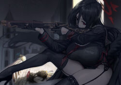 3girls absurdres black_garter_belt black_gloves black_hair black_serafuku black_skirt black_thighhighs black_wings blue_archive bolt_action breasts feathered_wings garter_belt gloves gun hair_between_eyes halo hasumi_(blue_archive) high_heels highres huge_breasts long_hair long_sleeves low_wings m1917_enfield mole mole_under_eye multiple_girls neckerchief outdoors oversized_wings phoebe_(user_vvpf4584) pleated_skirt red_eyes red_halo red_neckerchief rifle school_uniform serafuku side_slit sitting skirt solo_focus thighhighs very_long_hair weapon wings