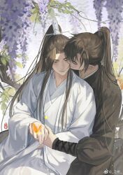 2boys black_hair black_hanfu blurry blurry_background blurry_foreground brown_eyes bug butterfly butterfly_on_hand chinese_clothes chinese_commentary chu_wanning closed_eyes depth_of_field erha_he_tadebai_mao_shizun half_updo hanfu high_ponytail highres holding_hands huiii_0209 insect kiss kissing_cheek long_hair long_sleeves looking_ahead male_focus mo_ran multiple_boys ponytail signature sitting sitting_on_lap sitting_on_person smile tree watermark weibo_watermark white_hanfu wide_sleeves xiao_guan_(headdress) yaoi