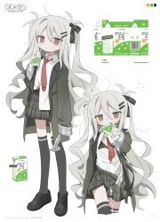 1girl black_bra black_ribbon black_shoes black_thighhighs bra caliper closed_mouth coat daizu_(melon-lemon) grey_coat grey_hair grey_skirt hair_ribbon highres holding holding_milk_carton long_hair looking_at_viewer milk milk_carton multiple_views necktie open_clothes open_coat original partially_unbuttoned plaid_clothes plaid_ribbon plaid_skirt pleated_skirt red_necktie ribbon shirt shirt_partially_tucked_in shoes skirt squirting_liquid standing suggestive_fluid thighhighs two_side_up underwear very_long_hair white_background white_shirt