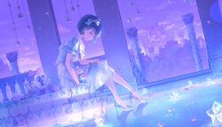 1girl blue_dress blue_eyes blue_hair carriage castle cheer_with_my_heart!_(project_sekai) colorful_palette dress flower frilled_dress frills hair_ribbon highres kiritani_haruka looking_down miniature official_art pillar project_sekai ribbon rose short_hair sitting smile solo stairs star_ornament stone_stairs third-party_source white_ribbon