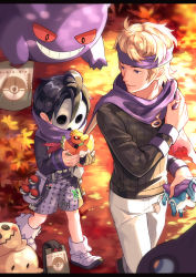 2boys ahoge allister_(pokemon) bag black_hair black_sweater blonde_hair character_doll chen_(1717) commentary_request doll gen_1_pokemon gen_2_pokemon gen_7_pokemon gengar gloves gym_leader headband highres ho-oh holding holding_doll legendary_pokemon long_sleeves male_focus mask mimikyu morty_(pokemon) multiple_boys nintendo outdoors pants paper_bag poke_ball poke_ball_(basic) pokemon pokemon_(creature) pokemon_hgss pokemon_swsh purple_eyes purple_scarf ribbed_sweater scarf shirt shoes shorts single_glove standing suicune suspender_shorts suspenders sweater white_pants