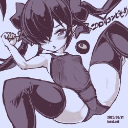 1girl arm_up armpits ass backbeako_(torotei) backbeard bare_shoulders blue_background blue_theme blush breasts commentary_request dated dated_commentary feet_out_of_frame gegege_no_kitarou hair_over_one_eye hair_ribbon half-closed_eye kono_lolicon_domome loli long_hair looking_at_viewer m_legs monochrome old_school_swimsuit open_mouth original paid_reward_available pointy_ears ribbon school_swimsuit simple_background small_breasts solo sweat swimsuit thighhighs torotei translated twintails