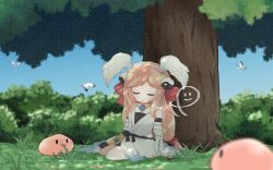 1girl arm_wrap belt black_belt blue_sky bow bug bush butterfly championship_belt clear_sky closed_eyes commentary_request commission day fake_wings full_body grass hair_bow head_wings insect long_hair official_alternate_costume open_mouth outdoors pink_hair pochiko_(poteko) poring ragnarok_online red_bow shirt skeb_commission sky sleeping sleeping_upright sleeveless sleeveless_shirt slime_(creature) solo sura_(ragnarok_online) tree under_tree white_butterfly white_shirt wings yin_yang_hair_ornament