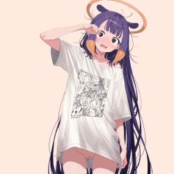 1girl @_@ absurdres alternate_costume bad_link blue_eyes blush center-flap_bangs cleft_of_venus cowboy_shot embarrassed full-face_blush gawr_gura halo hand_up highres hololive hololive_english long_hair looking_at_viewer messy_hair mori_calliope ninomae_ina&#039;nis one_eye_closed orange_hair oversized_clothes oversized_shirt panties pantyshot peanut_mouth print_shirt purple_hair pussy rubbing_eyes shirt simple_background single_off_shoulder solo straight-on takanashi_kiara takokatsu tentacle_hair traditional_halo underwear very_long_hair watson_amelia white_shirt