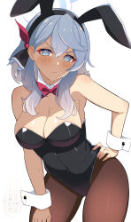 1girl absurdres ako_(blue_archive) animal_ear_hairband animal_ears black_leotard blue_archive blue_eyes blue_hair blue_halo bow bowtie breasts brown_pantyhose commentary cowboy_shot detached_collar fake_animal_ears hair_between_eyes hairband halo hand_on_own_thigh highres large_breasts leaning_forward leotard long_hair looking_at_viewer melow_menow pantyhose playboy_bunny rabbit_ears red_bow red_bowtie simple_background solo strapless strapless_leotard white_background wrist_cuffs