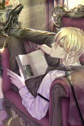 1boy armchair artist_name black_pants black_shoes black_socks black_vest blonde_hair book chair cigarette closed_mouth collared_shirt commentary curtains desk_lamp english_commentary fingernails foot_out_of_frame hair_between_eyes henoopd highres holding holding_book holding_cigarette indoors lamp light_particles long_sleeves looking_back lying male_focus on_chair open_book pants photo_(object) red_eyes shirt shoes short_hair socks solo sunlight vest white_shirt william_james_moriarty window yuukoku_no_moriarty