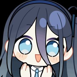 1girl :d animated animated_gif aqua_eyes aqua_necktie aris_(blue_archive) black_jacket blinking blue_archive blue_hair blue_hairband blue_jacket blush_stickers chibi chunye_haruya clapping collared_shirt disembodied_hand dot_nose hair_between_eyes hairband jacket long_bangs long_hair long_hair_between_eyes looking_at_viewer lowres multicolored_jacket necktie one_side_up open_clothes open_jacket open_mouth school_uniform second-party_source shirt simple_background smile solo transparent_background upper_body white_jacket white_shirt