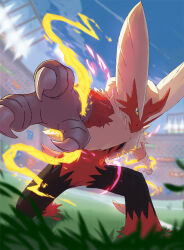 1other blaziken blurry claws closed_mouth cloud commentary creatures_(company) day fire furry game_freak gen_3_pokemon grass hoodiecrow looking_at_viewer mega_blaziken mega_pokemon nintendo on_one_knee outdoors pokemon pokemon_(creature) sky solo stadium twitter_username watermark