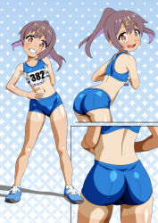 1girl :d ass blue_shoes blush breasts bright_pupils brown_eyes brown_hair carinae commentary_request grin hair_ornament hairclip hand_on_own_hip head_tilt highres leaning_forward looking_at_viewer multiple_views navel onii-chan_wa_oshimai! open_mouth oyama_mihari ponytail shoes skin_tight smile standing tan tanline teeth track_uniform wedgie
