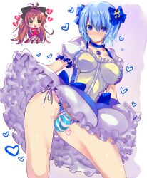 blue_eyes blue_hair blush bulge chibi clothes_lift cosplay erection erection_under_clothes futanari hair_ribbon kaname_madoka kaname_madoka_(cosplay) lifting_own_clothes long_hair looking_at_viewer magical_girl mahou_shoujo_madoka_magica mahou_shoujo_madoka_magica_(anime) miki_sayaka panties ponytail red_hair ribbon rihito_akane sakura_kyoko short_hair skirt skirt_lift soul_gem underwear