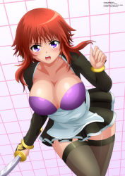 1girl absurdres angry apron black_dress black_thighhighs blush bra bracelet breasts cleavage collarbone dress grid highres holding jewelry large_breasts long_hair long_sleeves looking_at_viewer maid naomi_kokoro open_mouth pink_background purple_bra purple_eyes red_hair standing sword teeth thighhighs underwear weapon white_apron yukino_memories zel-sama