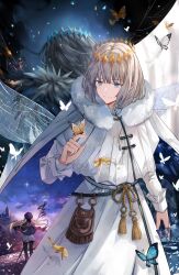1girl 2boys arm_at_side artoria_caster_(fate) artoria_caster_(second_ascension)_(fate) artoria_pendragon_(fate) back-to-back belt_pouch beret black_bow black_pantyhose blonde_hair blue_butterfly blue_cape blue_eyes blue_hat bow bug butterfly butterfly_on_hand cape castle closed_mouth commentary crown dark_persona dragonfly_wings dual_persona fate/grand_order fate_(series) fur-trimmed_cape fur_trim grey_hair hand_up hat hat_bow highres insect jacket long_hair long_sleeves looking_at_animal looking_down multiple_boys oberon_(fate) oberon_(second_ascension)_(fate) oberon_(third_ascension)_(fate) outdoors pantyhose pink_petals pouch robe short_hair silk skirt smile spider_web staff staff_of_selection_(fate) standing star_(sky) tassel terarenai twintails twitter_username white_butterfly white_cape white_jacket white_robe white_skirt wings yellow_butterfly