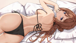 1girl absurdres alternate_costume ass bikini black_bikini blue_hair blush breasts brown_hair commentary_request commission gakuen_idolmaster highres himesaki_rinami idolmaster long_hair looking_at_viewer lying median_furrow mimma_ring_(nobuyueli) on_side pixiv_commission shoulder_blades side-tie_bikini_bottom sideboob solo string_bikini swimsuit very_long_hair
