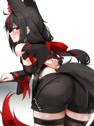 absurdres adjusting_clothes animal_ears arm_behind_back arm_support ass back black_hair blush bow breasts earrings extra_ears fox_ears fox_girl fox_tail hair_bow highres hololive jewelry key kurokami_fubuki leaning looking_back medium_breasts micon ponytail red_eyes red_hair shirakami_fubuki shorts tail thigh_strap virtual_youtuber white_background
