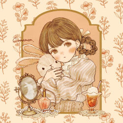 1girl :t blush bottle braid braided_hair_rings brown_eyes brown_hair child cinnamon_(katsura) doily dress faux_retro_artstyle floral_background floral_print flower food hair_ribbon hair_rings holding holding_toy ice_cream ice_cream_float jewelry long_sleeves mirror monochrome necklace original pastel_colors pearl_necklace perfume_bottle puffy_long_sleeves puffy_sleeves rabbit ribbon signature striped_clothes striped_dress stuffed_animal stuffed_toy toy victorian white_rabbit_(animal)