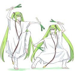 Rule 34 | 1boy, 1other, alternate hairstyle, androgynous, barefoot, commentary request, dual persona, enkidu (fate), fate/grand order, fate (series), green eyes, green hair, hatsune miku, highres, himeko (nico6v6pachi), holding, kingu (fate), long hair, open mouth, pants, purple eyes, robe, sidelocks, smile, spring onion, standing, standing on one leg, twintails, very long hair, vocaloid, white pants, white robe