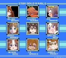 6+girls :3 =_= @_@ air_groove_(umamusume) allitell animal_ears black_gloves blue_eyes bow brown_hair character_name clenched_hand ear_bow ear_covers food gloves gradient_hair grass_wonder_(umamusume) hair_between_eyes hairband highres horse_ears horse_girl jacket jungle_pocket_(umamusume) mega_man_(series) meisho_doto_(umamusume) mejiro_bright_(umamusume) multicolored_hair multiple_girls naginata onigiri orange_hair pink_hairband polearm purple_eyes red_jacket silence_suzuka_(umamusume) special_week_(umamusume) stay_gold_(umamusume) streaked_hair t.m._opera_o_(umamusume) tracen_training_uniform track_jacket typo umamusume weapon white_hair yellow_bow yellow_eyes
