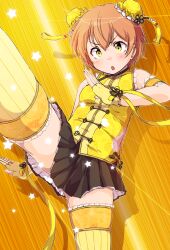 1girl :o black_skirt blush braid bun_cover chinese_clothes commentary_request fingerless_gloves floral_print gloves hand_up high_kick highres hoshizora_rin kicking leg_up love_live! love_live!_school_idol_project orange_hair pleated_skirt print_shirt print_thighhighs sen_(sen0910) shirt short_hair skirt sleeveless sleeveless_shirt solo standing standing_on_one_leg thighhighs twin_braids yellow_eyes yellow_gloves yellow_shirt yellow_thighhighs