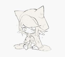 Rule 34 | 1boy, animal ears, avicinda (infinity nikki), bags under eyes, barefoot, bow, bowtie, cat boy, cat ears, cloak, closed mouth, dirty, dirty clothes, dirty face, ear covers, fins, frown, full body, grey background, greyscale, head fins, hood, hood up, hooded cloak, infinity nikki, injury, kemonomimi mode, looking at viewer, male focus, monochrome, nikki (series), one eye closed, romper, sad, scar, scar across eye, scar on face, scar on knee, short hair, simple background, sitting, solo, swept bangs, tinakko, torn clothes, wet