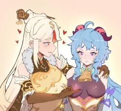 2021 2girls blonde_hair blue_hair blush breasts ganyu_(genshin_impact) genshin_impact heart horns multiple_girls ningguang_(genshin_impact) purple_eyes red_eyes rumi_(rumigawa31) yuri