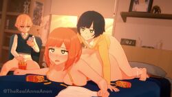 1girl 2boys 3d age_difference ahegao animated anna_anon artist_name ass audible_speech bed bikini bikini_top_only black_eyes black_hair blonde_hair blue_vest blush bob_cut bookshelf bottomless bouncing_ass breasts briefs bright_pupils cellphone chair cheating_(relationship) clock clothed_sex clothing_aside collared_shirt commentary cum cum_in_pussy cum_overflow curvy desk_lamp digital_clock eating ejaculation english_audio english_commentary female_orgasm food french_fries full_body gundam gunpla hetero highres holding holding_phone hood hooded_jacket huge_ass indoors invadernoodles jacket koikatsu_(medium) lamp large_breasts lying male_underwear male_underwear_aside mcdonald&#039;s moaning mobile_suit_gundam model_kit mother_(yoru_mac) multiple_boys netorare on_bed on_stomach onee-shota orange_hair orgasm phone pillow portrait_(object) product_girl prone_bone red_bikini rolling_eyes rx-78-2_gundam second-party_source sex sex_from_behind shattered_lewd shirt short_hair shota shotadom smaller_dominant smartphone sound sunlight swimsuit thick_thighs thighs twitter_username underwear vest video white_pupils white_shirt window wing_collar yellow_jacket yoru_mac