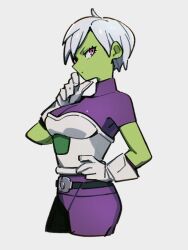 1girl bodysuit breasts cheelai colored_skin dragon_ball dragon_ball_super dragon_ball_super_broly gloves green_skin grey_background kemachiku looking_at_viewer medium_breasts pink_eyes purple_bodysuit short_hair simple_background solo white_gloves white_hair