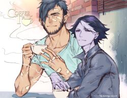 2boys artist_name bandaid bara beard black_nails window_blinds blue_hair brick_wall closed_eyes coffee_talk colored_skin copyright_name cup ear_piercing facial_hair fang gala_(coffee_talk) hair_over_one_eye highres holding holding_cup hyde_(coffee_talk) looking_at_viewer male_focus multiple_boys piercing purple_hair purple_skin steam teaffeine vampire water white_hair window